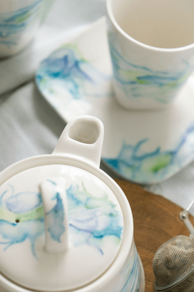 Service à Thé en porcelaine effet marbré en bleu et vert turquoise, idée cadeau de mariage et amateurs de thé