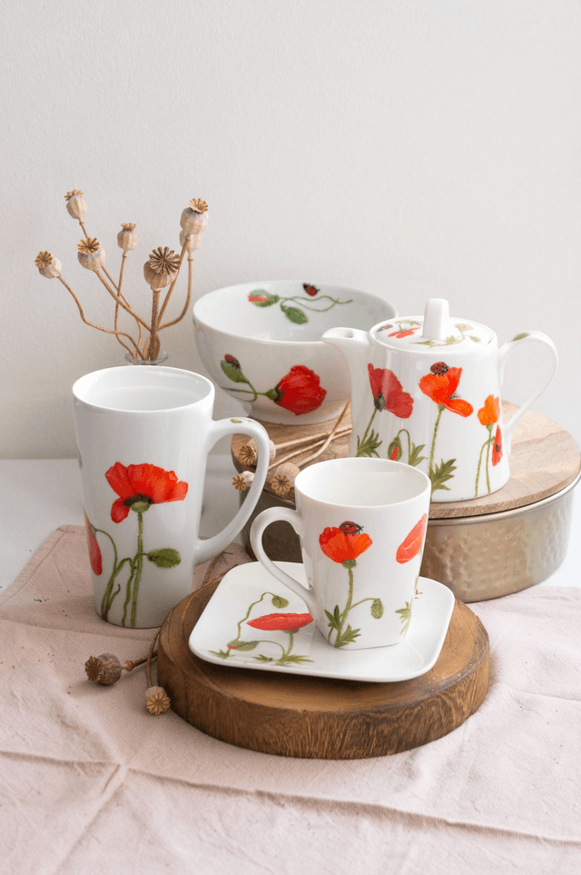 Mug XXL en porcelaine peint à la main, Coquelicots rouges orangés, tasse champêtre à personnaliser  