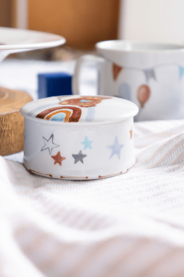 Ensemble repas et boîte à dents en porcelaine, motif ourson vintage et arc-en-ciel à personnaliser