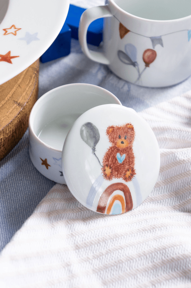 Ensemble repas et boîte à dents en porcelaine, motif ourson vintage et arc-en-ciel à personnaliser