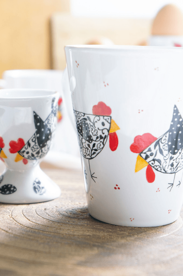 Coquetier et mug à café céramique personnalisés, coquetier et tasse à café poules stylisées, création unique, idée cadeau pour tous