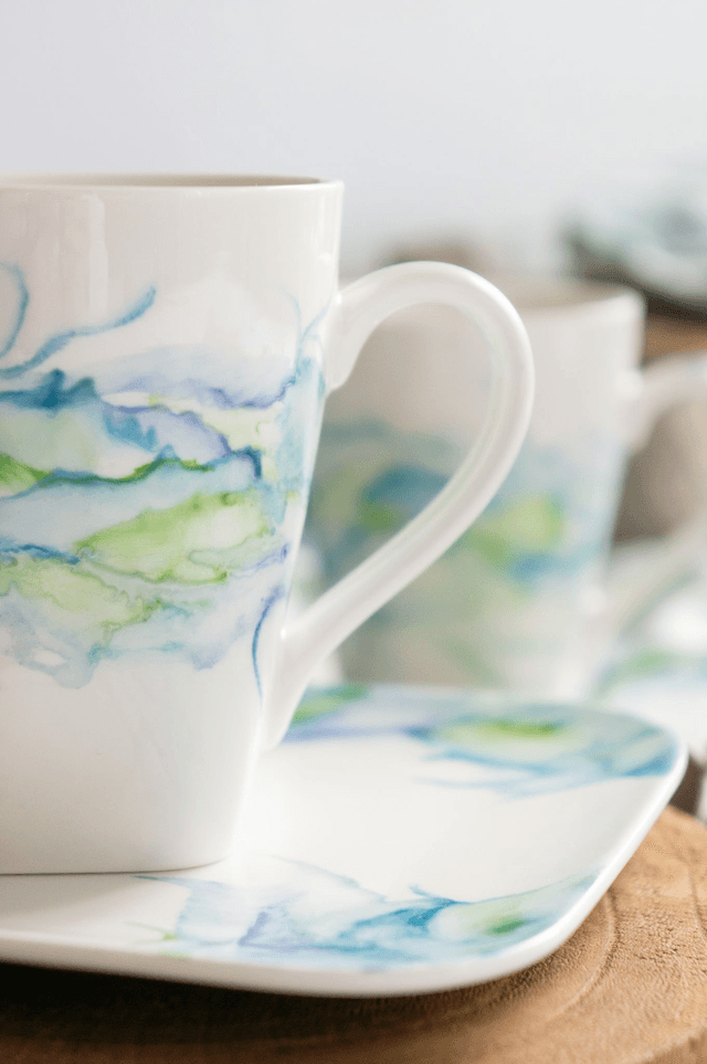 Service à Thé en porcelaine effet marbré en bleu et vert turquoise, idée cadeau de mariage et amateurs de thé