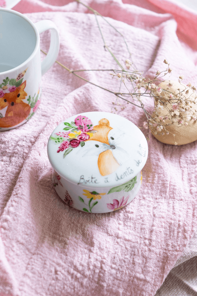 Ensemble assiette, tasse, premier repas bébé, motif renard à personnaliser, boite à dents, idée cadeau de naissance, baptême, anniversaire
