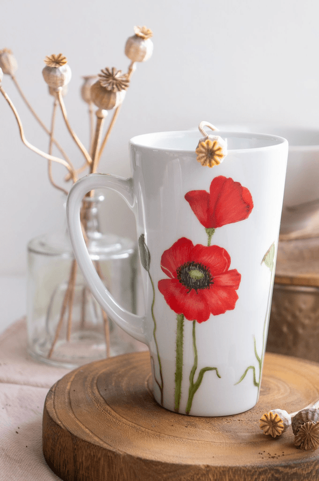 Mug XXL en porcelaine peint à la main, Coquelicots rouges orangés, tasse champêtre à personnaliser  