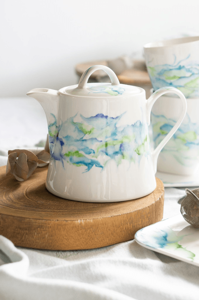 Service à Thé en porcelaine effet marbré en bleu et vert turquoise, idée cadeau de mariage et amateurs de thé