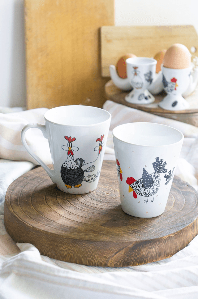 Coquetier et mug à café céramique personnalisés, coquetier et tasse à café poules stylisées, création unique, idée cadeau pour tous