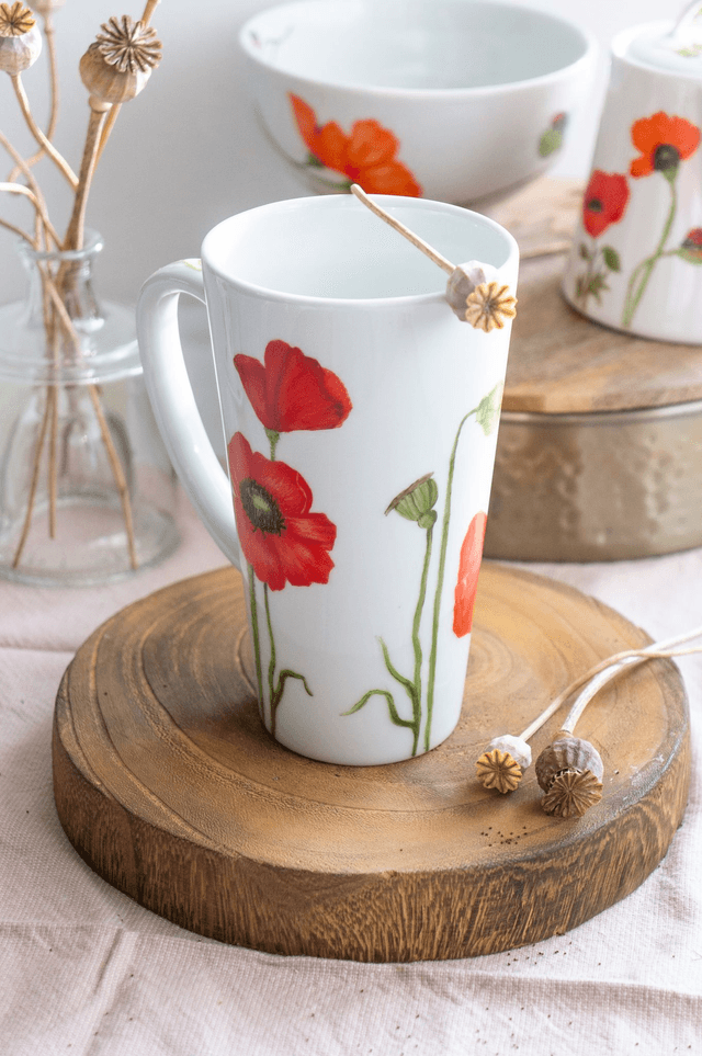 Mug XXL en porcelaine peint à la main, Coquelicots rouges orangés, tasse champêtre à personnaliser  