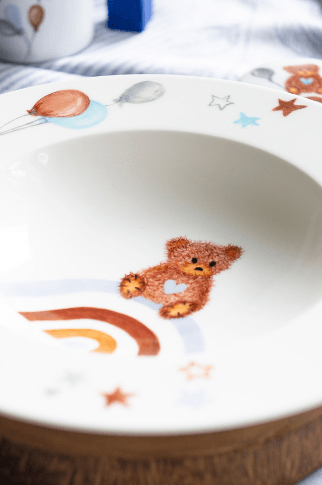 Ensemble repas et boîte à dents en porcelaine, motif ourson vintage et arc-en-ciel à personnaliser