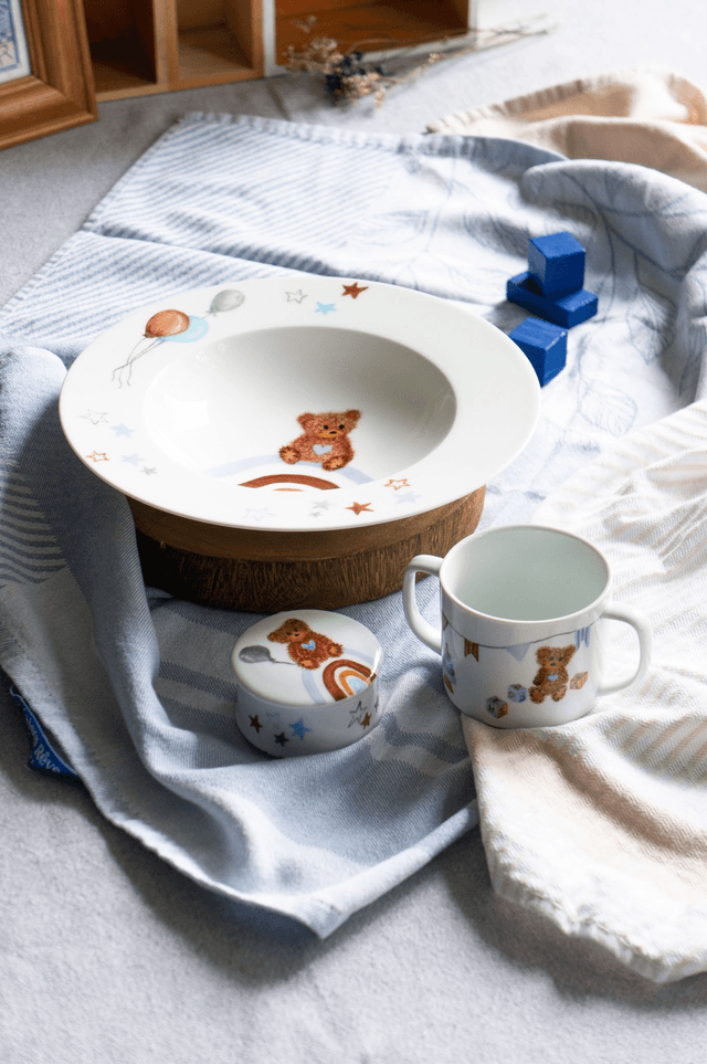 Ensemble repas et boîte à dents en porcelaine, motif ourson vintage et arc-en-ciel à personnaliser
