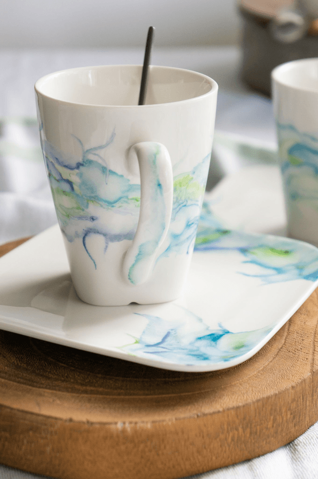 Service à Thé en porcelaine effet marbré en bleu et vert turquoise, idée cadeau de mariage et amateurs de thé