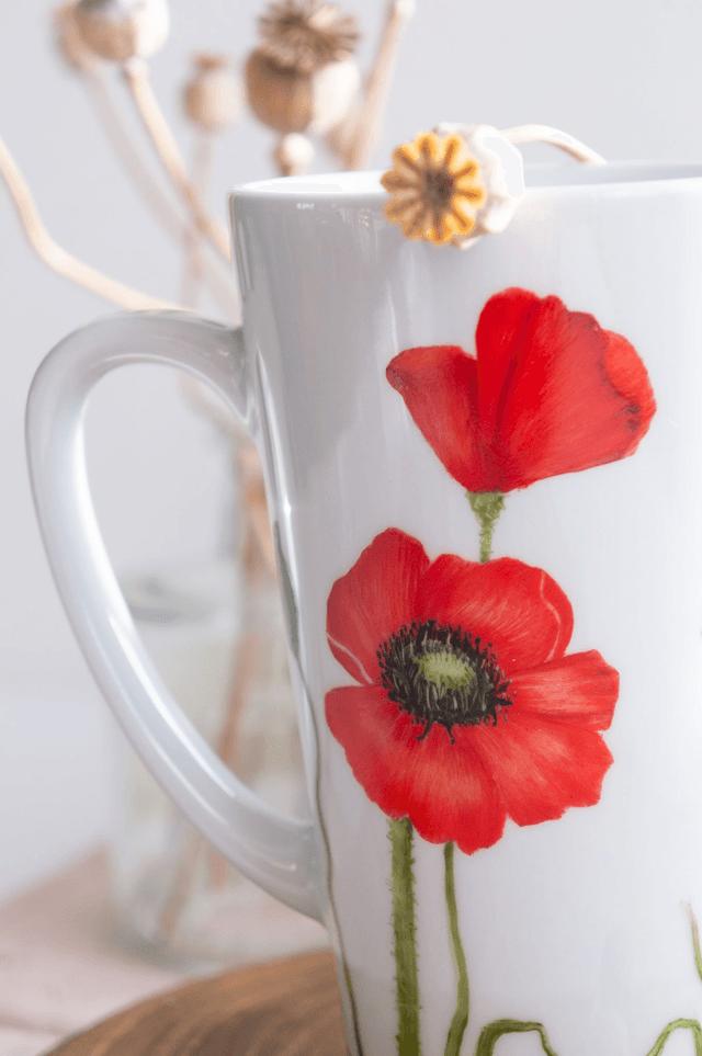 Mug XXL en porcelaine peint à la main, Coquelicots rouges orangés, tasse champêtre à personnaliser  