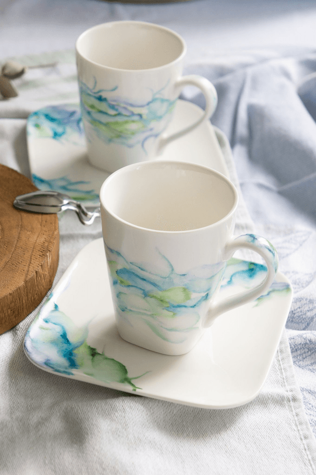 Service à Thé en porcelaine effet marbré en bleu et vert turquoise, idée cadeau de mariage et amateurs de thé