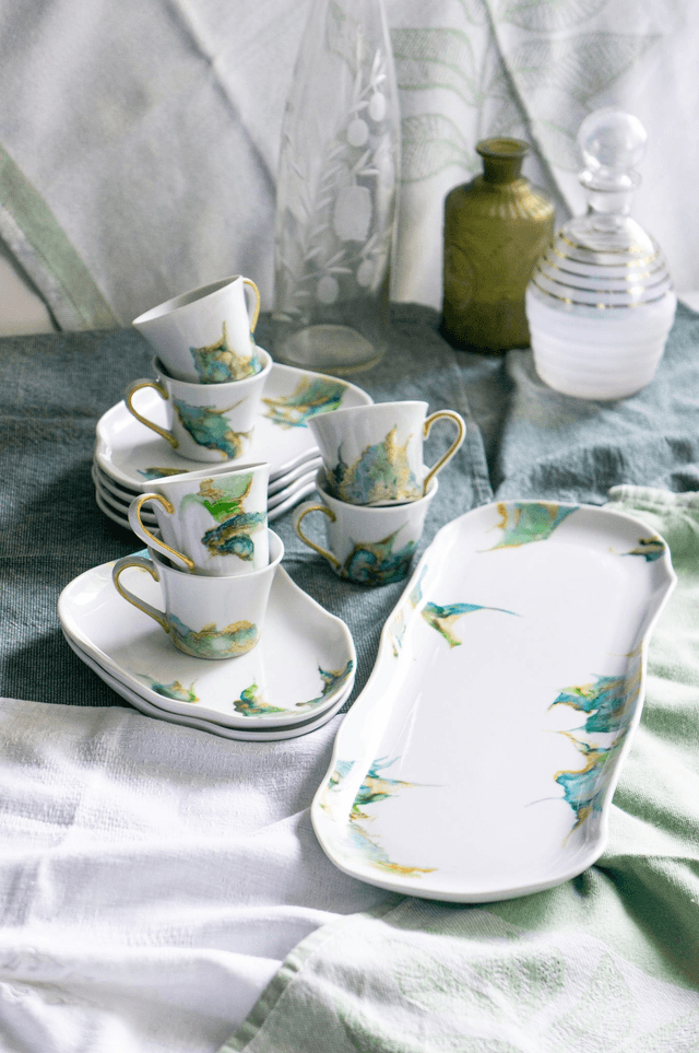 Plat à gâteaux raffiné en porcelaine vert émeraude, création artisanale, idée cadeau de mariage