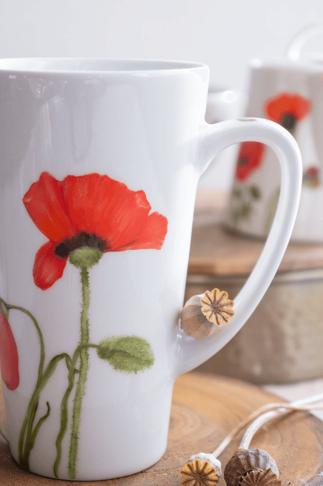 Mug XXL en porcelaine peint à la main, Coquelicots rouges orangés, tasse champêtre à personnaliser  