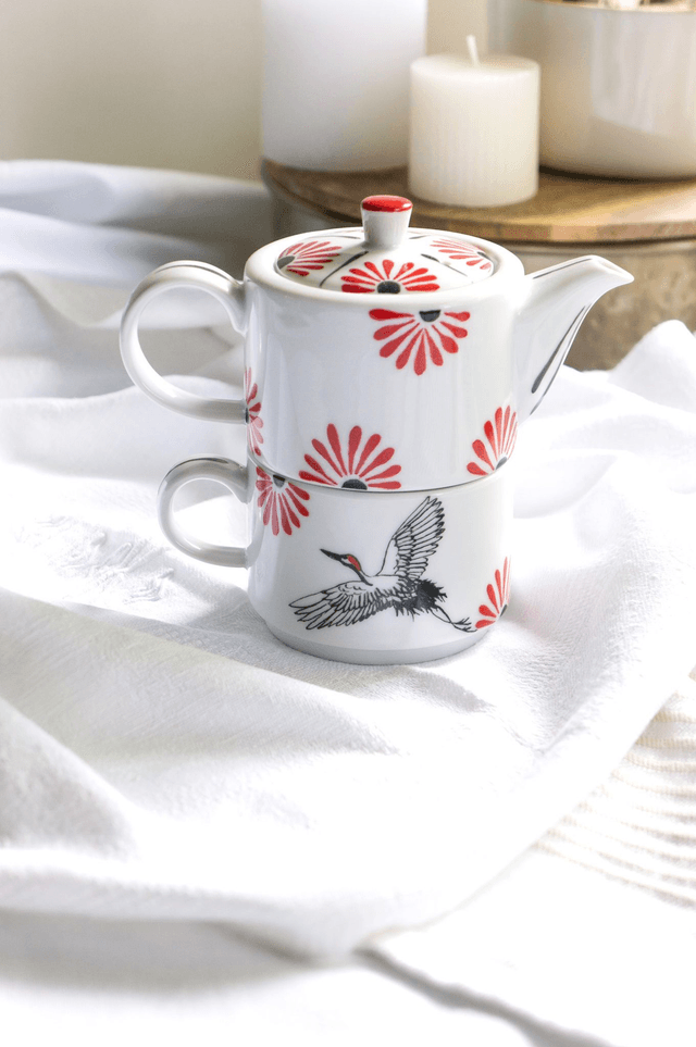 Théière Égoïste motif Japonisant rouge et noir avec grues et fleurs abstraites, décorée à la main , cadeau pour les amateurs de thé