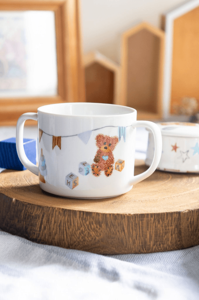 Ensemble repas et boîte à dents en porcelaine, motif ourson vintage et arc-en-ciel à personnaliser