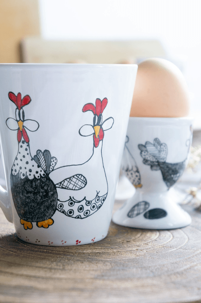 Mug et coquetier en céramique poules rigolotes, création fait-main, tasse à café et coquetier personnalisables, idées cadeaux pour tous