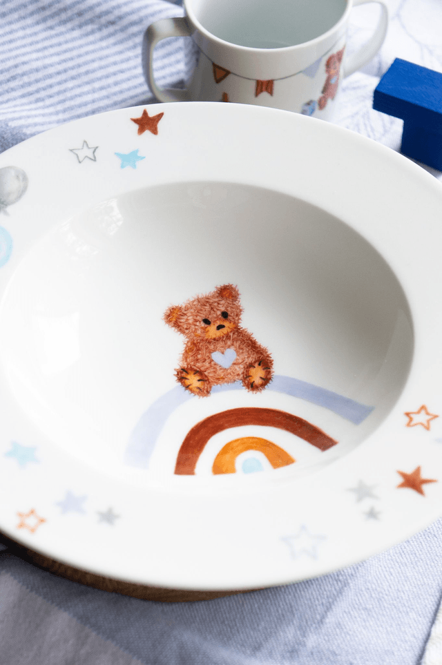 Ensemble repas et boîte à dents en porcelaine, motif ourson vintage et arc-en-ciel à personnaliser