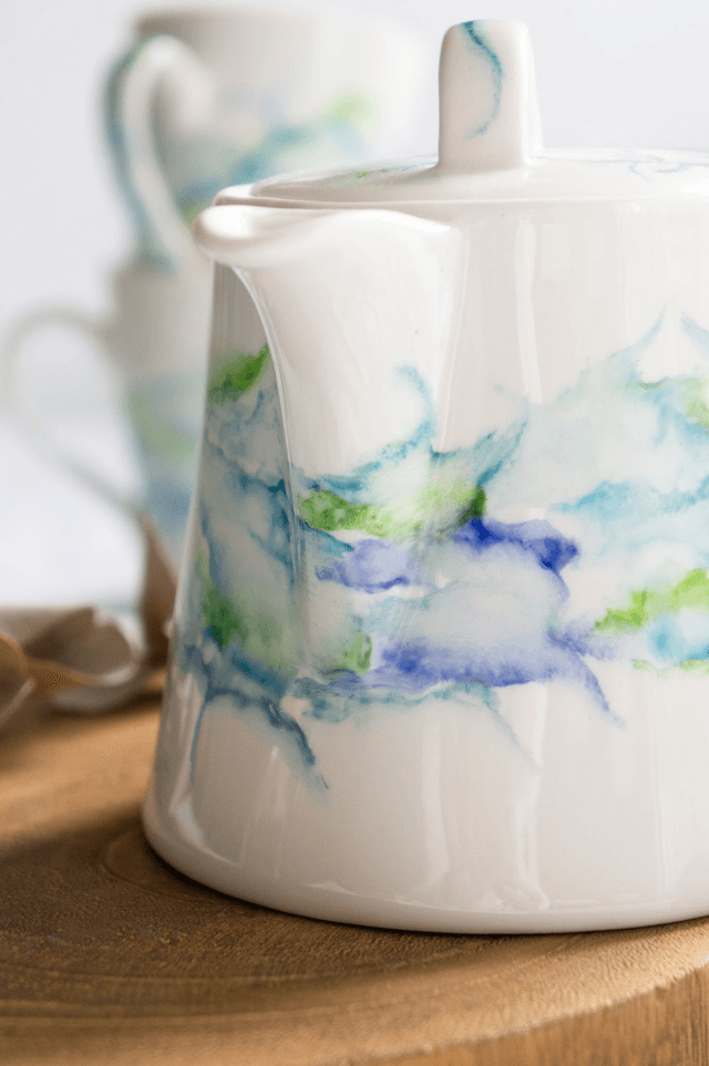 Service à Thé en porcelaine effet marbré en bleu et vert turquoise, idée cadeau de mariage et amateurs de thé
