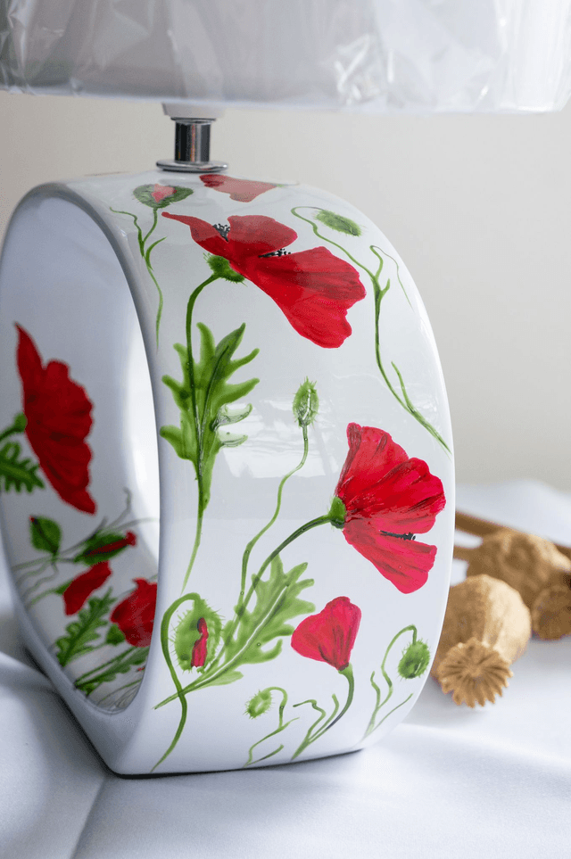 Lampe à poser en céramique peinte à la main - Coquelicots Rouge Passion, idéal pour salon, entrée, bureau