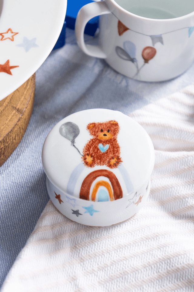 Ensemble repas et boîte à dents en porcelaine, motif ourson vintage et arc-en-ciel à personnaliser