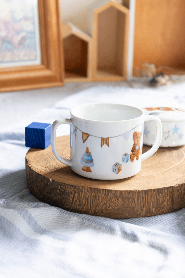 Ensemble repas et boîte à dents en porcelaine, motif ourson vintage et arc-en-ciel à personnaliser