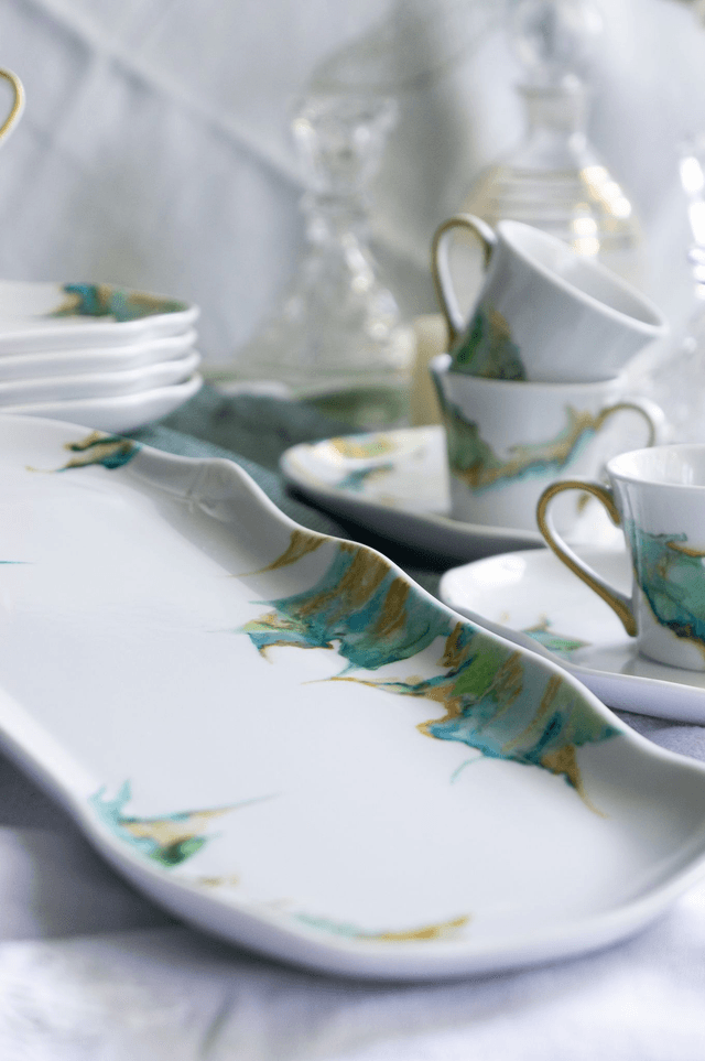 Plat à gâteaux raffiné en porcelaine vert émeraude, création artisanale, idée cadeau de mariage