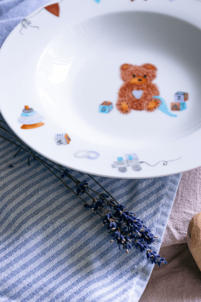 Ensemble premiers repas de bébé en porcelaine ourson à personnaliser assiette, mug, boite à dents, cadeau de naissance