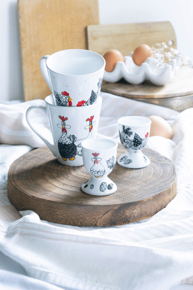 Mug et coquetier en céramique poules rigolotes, création fait-main, tasse à café et coquetier personnalisables, idées cadeaux pour tous