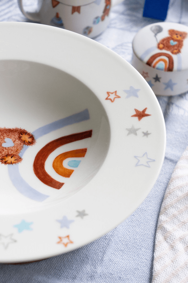 Ensemble repas et boîte à dents en porcelaine, motif ourson vintage et arc-en-ciel à personnaliser