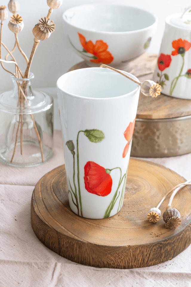 Mug XXL en porcelaine peint à la main, Coquelicots rouges orangés, tasse champêtre à personnaliser  