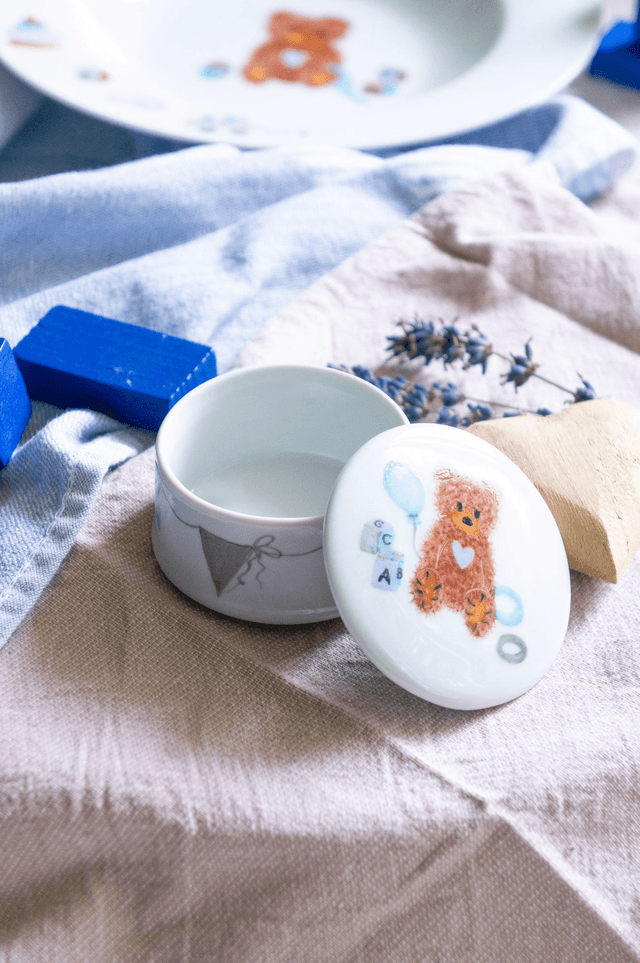 Ensemble premiers repas de bébé en porcelaine ourson à personnaliser assiette, mug, boite à dents, cadeau de naissance