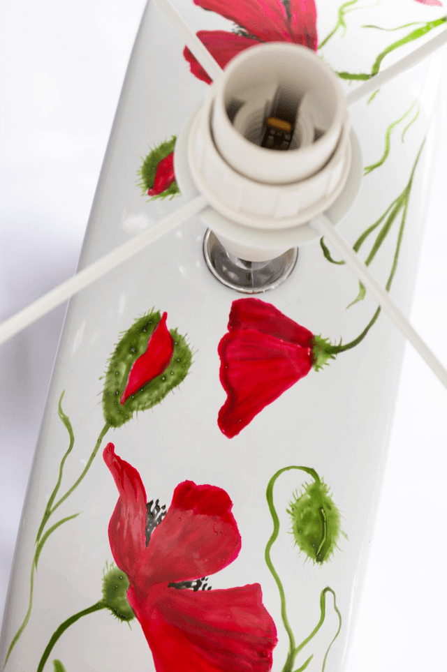 Lampe à poser en céramique peinte à la main - Coquelicots Rouge Passion, idéal pour salon, entrée, bureau
