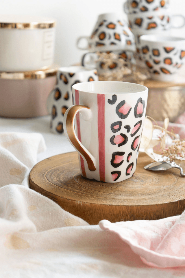 Mug en porcelaine "Graou" léopard chic, noir et fauve ou noir et rose saumon, décoré à la main, idée cadeau femme