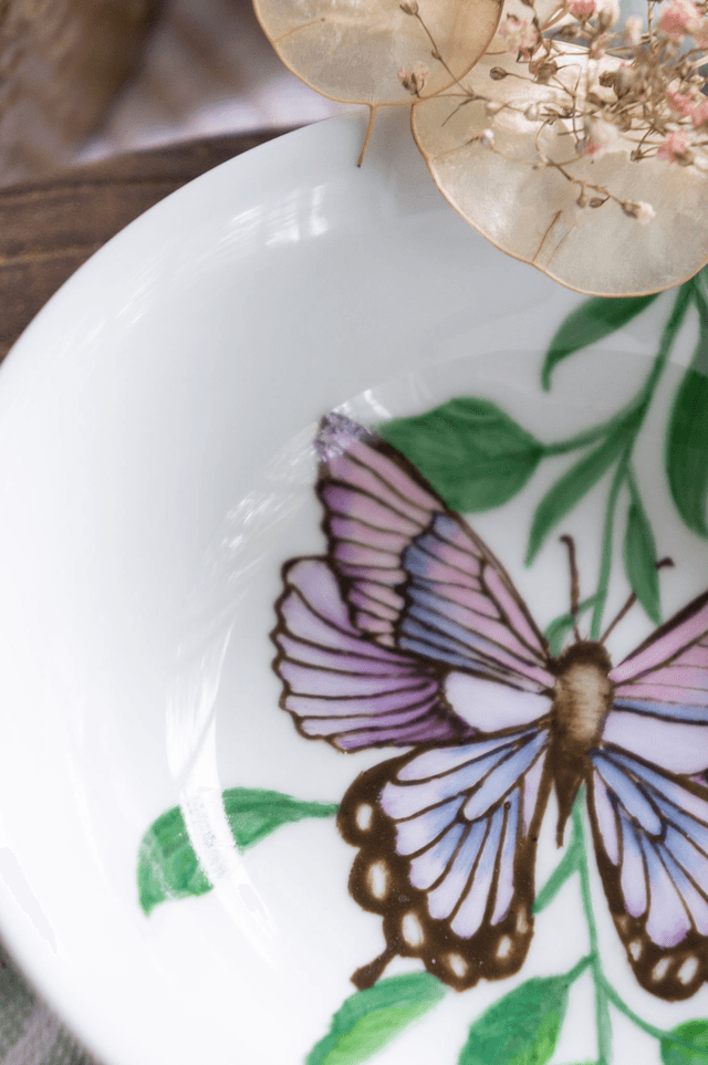 Coupelle vide poche papillon et myosotis, création artisanale unique cadeau anniversaire pour tous