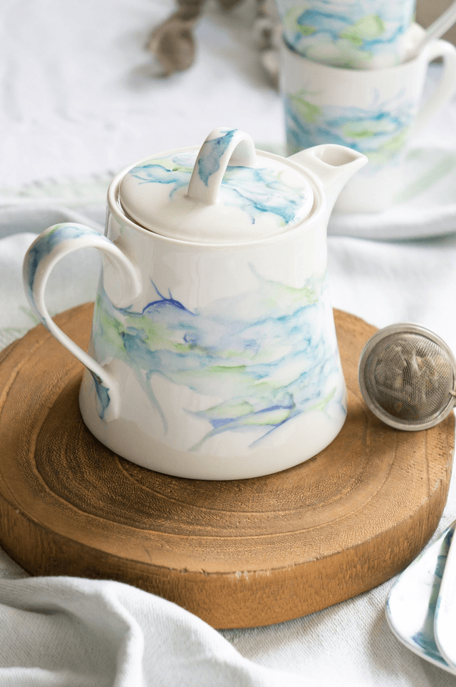 Service à Thé en porcelaine effet marbré en bleu et vert turquoise, idée cadeau de mariage et amateurs de thé