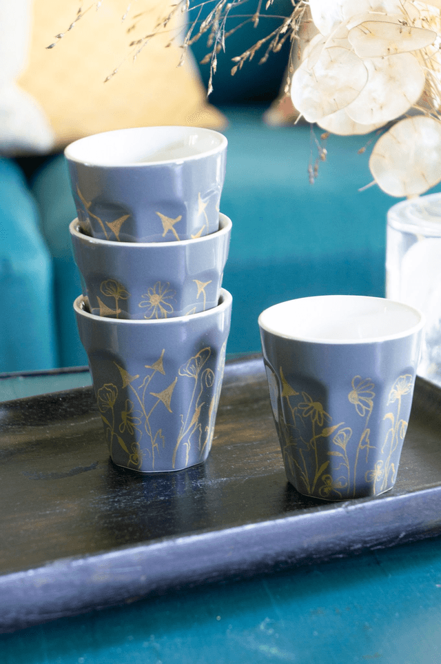 Service 4 tasses expresso en porcelaine grise, décor fleurs des champs or peint à la main, idée cadeau homme, vaisselle artisanale unique